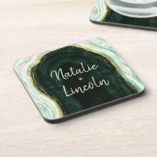 Teal Green & Gold Agate Marble Wedding Monogram Coaster