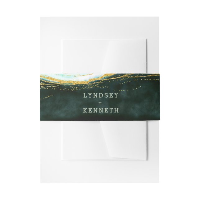 Teal Green & Gold Agate Marble Wedding Monogram Invitation Belly Band (Front Example)