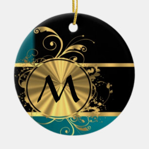 Teal green gold and black monogram ceramic ornament