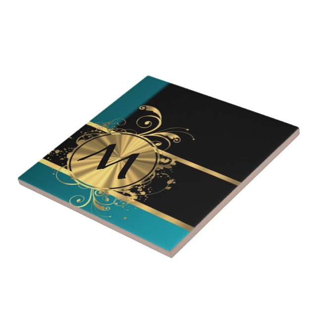 Teal green gold and black monogram ceramic tile (Side)
