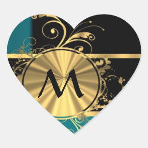 Teal green gold and black monogram heart sticker