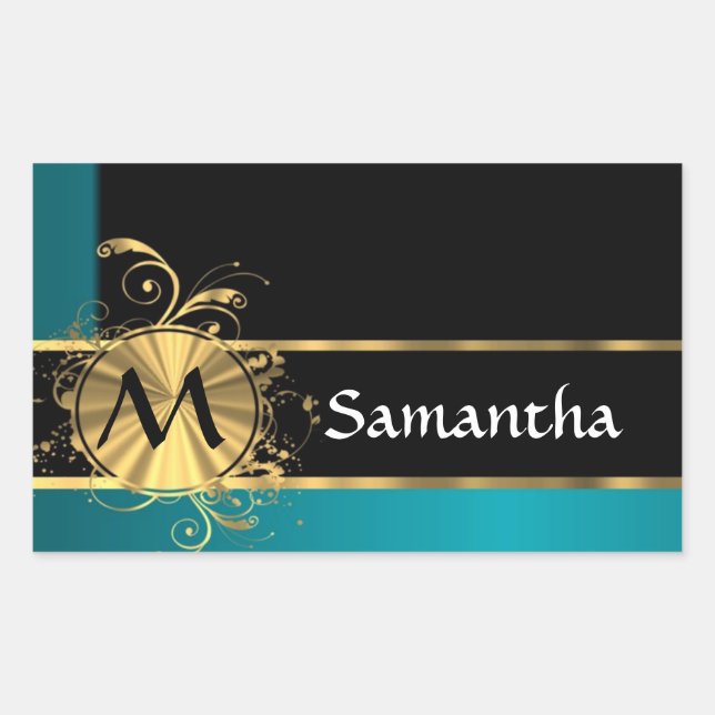 Teal green gold and black monogram rectangular sticker (Front)