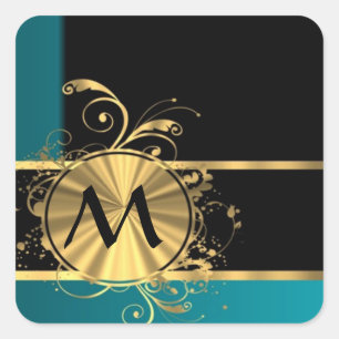 Teal green gold and black monogram square sticker