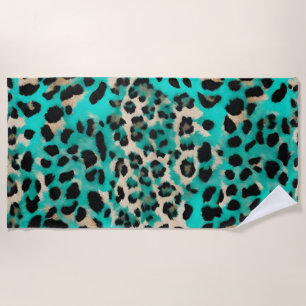 Teal Green Gold Beige Leopard Print  Beach Towel