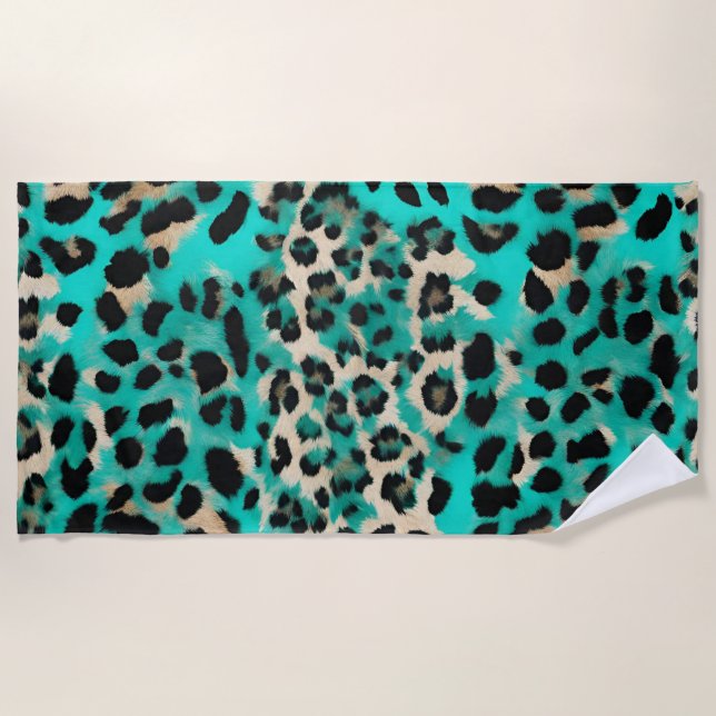 Teal Green Gold Beige Leopard Print  Beach Towel (Front)