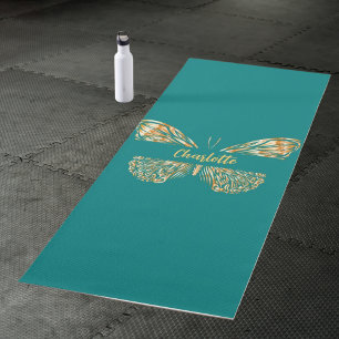 Teal green gold butterfly name yoga mat