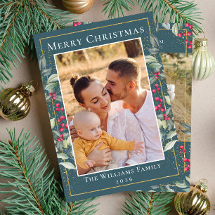 Teal Green Gold Christmas Holly Berries 2 Photo Holiday Card