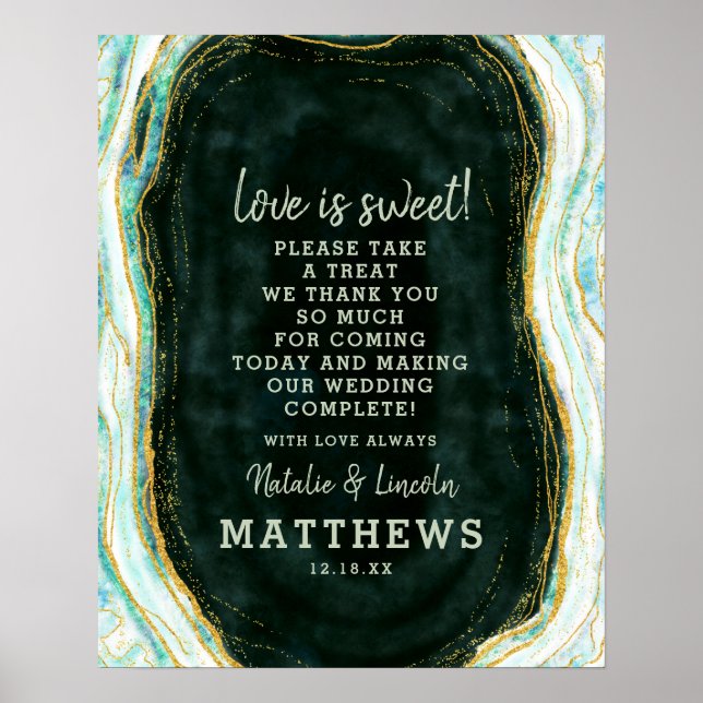 Teal Green & Gold Geode Love is Sweet Wedding Sign (Front)
