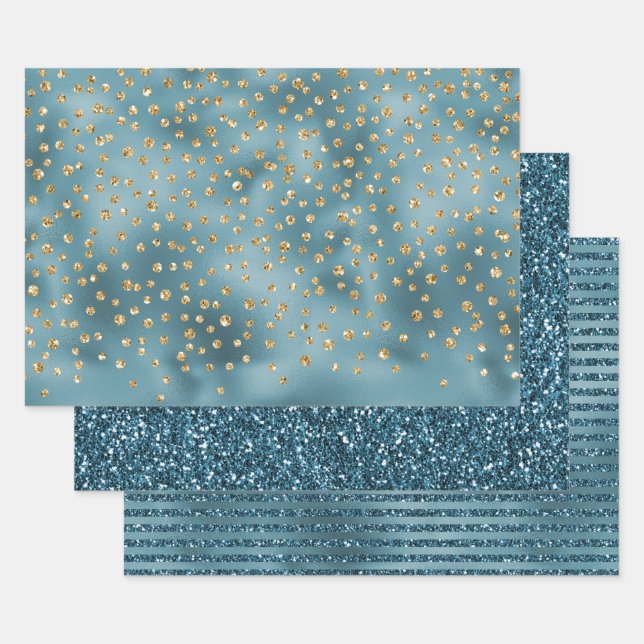 Teal Green Gold Glam Glitter Sparkle Dots    Wrapping Paper Sheet (Set)
