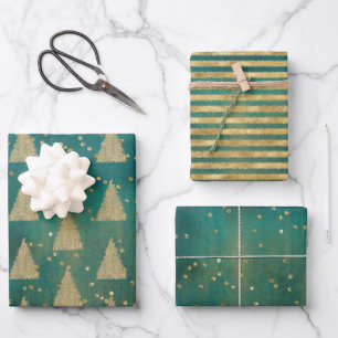 Teal Green Gold Glitter Christmas Tree Wrapping Paper Sheet