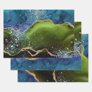 Teal & Green & Gold Glitter Peacock Agate Wrapping Paper Sheet