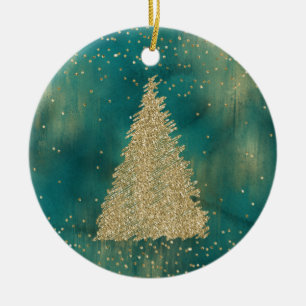 Teal Green Gold Glitter Shine Christmas Tree   Ceramic Ornament