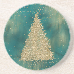 Teal Green Gold Glitter Sparkle Christmas Tree Coaster
