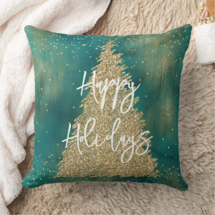 Teal Green Gold Glitter Sparkle Christmas Tree    Cushion