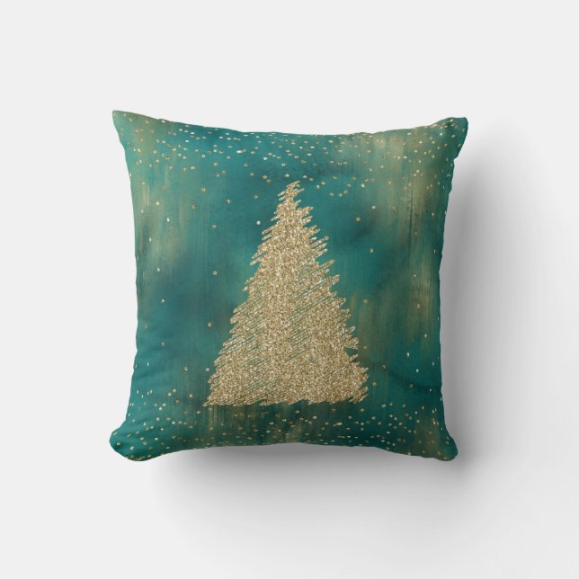 Teal Green Gold Glitter Sparkle Christmas Tree    Cushion (Front)