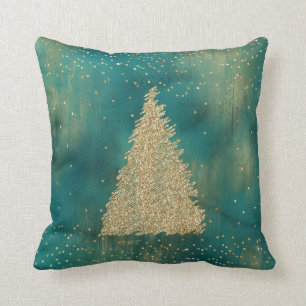Teal Green Gold Glitter Sparkle Christmas Tree    Cushion