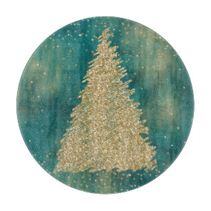 Teal Green Gold Glitter Sparkle Christmas Tree    Cutting Board