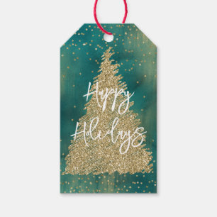 Teal Green Gold Glitter Sparkle Christmas Tree    Gift Tags