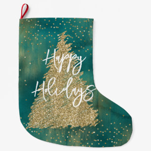 Teal Green Gold Glitter Sparkle Christmas Tree Large Christmas Stocking