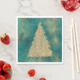 Teal Green Gold Glitter Sparkle Christmas Tree     Napkin