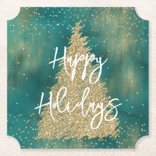 Teal Green Gold Glitter Sparkle Christmas Tree Paper Coaster