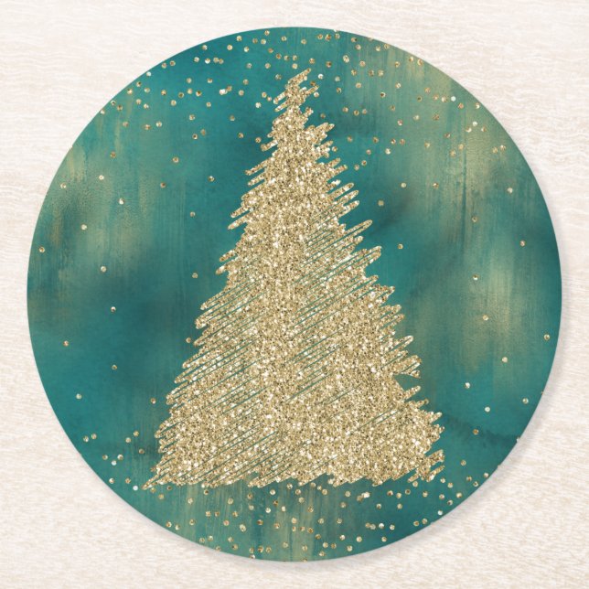 Teal Green Gold Glitter Sparkle Christmas Tree    Round Paper Coaster (Front)