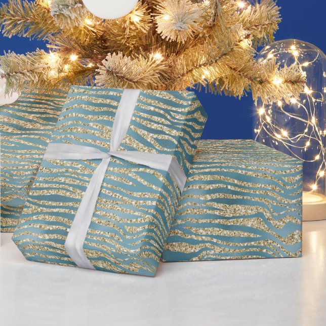 Teal Green Gold Glitter Zebra Print     Wrapping Paper (Holidays)