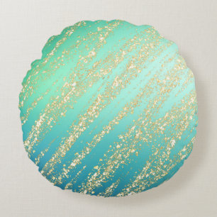 Teal Green Gold Glittery Stripes Round Cushion