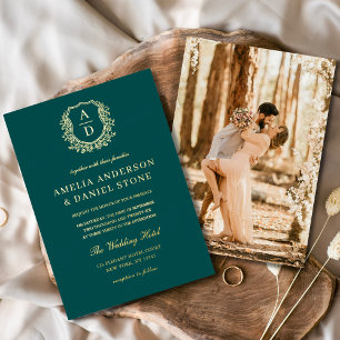 Teal Green Gold Leafy Crest Photo Wedding