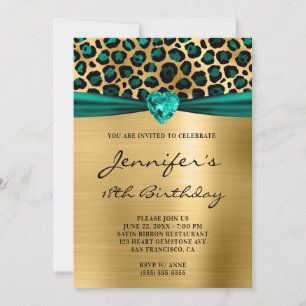Teal Green Gold Leopard Foil Heart 18th Birthday Invitation