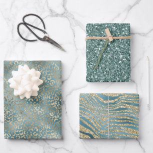 Teal Green Gold Leopard Print   Wrapping Paper Sheet