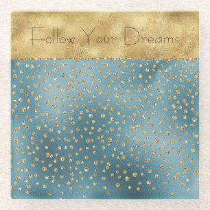 Teal Green Gold Luxe Glam Glitter Dots Glass Coaster