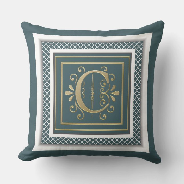 Teal Green Gold Monogram Throw Pillow (Front)