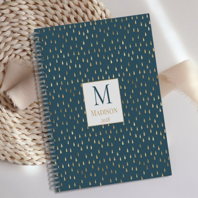 Teal Green Gold Raindrop Modern Trendy Monogram Planner (Creator Uploaded)
