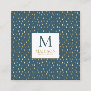 Teal Green Gold Raindrop Modern Trendy Monogram Square Business Card