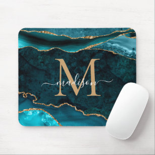 Teal Green Gold Sparkle Agate Geode Monogram Mouse Pad