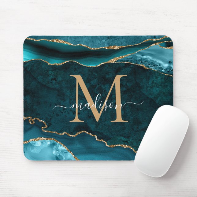 Teal Green Gold Sparkle Agate Geode Monogram Mouse Pad (With Mouse)