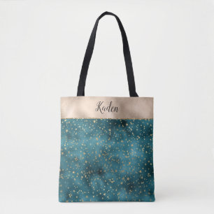 Teal Green Gold Stars Tote Bag