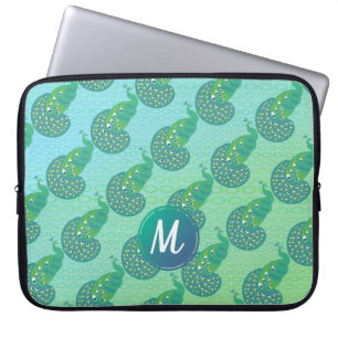 Teal Green iridescent Peacock Pattern Monogram Laptop Sleeve