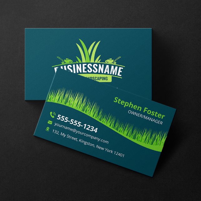 Teal & Green Lawn Care Landscaping Mowing Lawncare Business Card (Creator Uploaded)