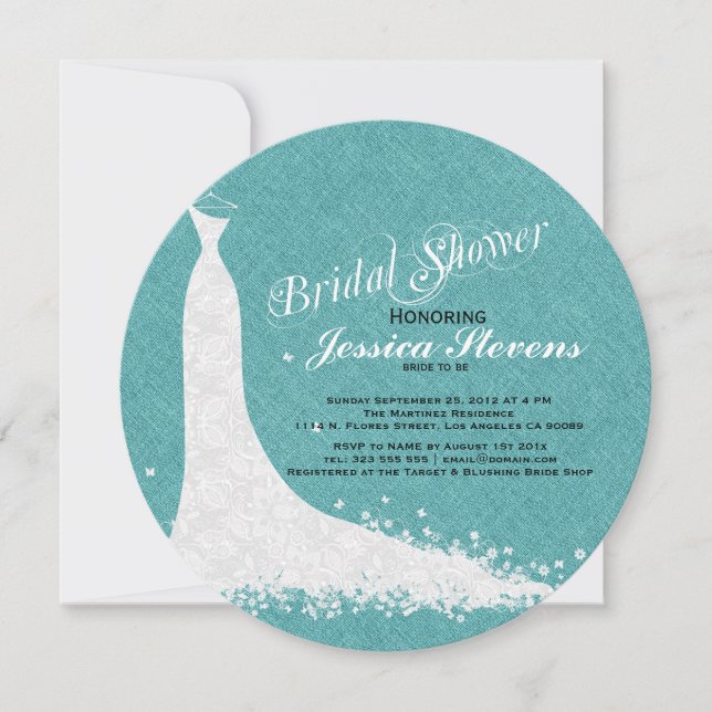 Teal-Green Linen And White Lace Wedding Dress Invitation (Front)