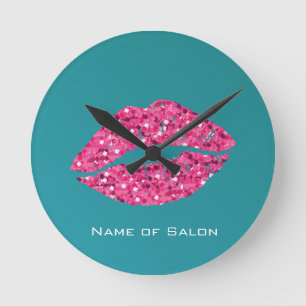 Teal Green Lips Beauty Salon Round Clock