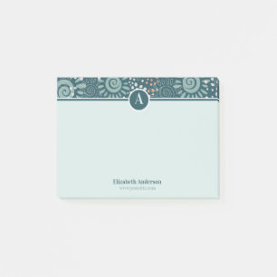 Teal green meadow floral pattern monogrammed 4x3 post-it notes