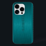 Teal-Green Metallic Brushed Aluminium Look Case-Mate iPhone 14 Pro Case<br><div class="desc">Dark teal green metallic background,  simple brushed aluminium look with teal green geometric stripes pattern accents. Custom and optional monogram. Available on other products</div>