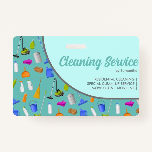 Teal Green Minimalist House Cleaning Service ID Badge (Front)