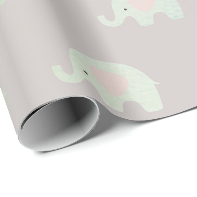 Teal Green Mint Grey Princess Elephant New Baby Wrapping Paper (Roll Corner)