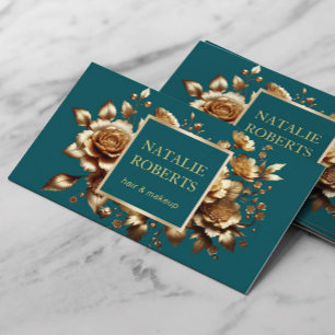 Teal Green Modern Gold Floral Beauty Salon & SPA Business Card