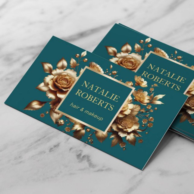 Teal Green Modern Gold Floral Beauty Salon & SPA Business Card (Creator Uploaded)