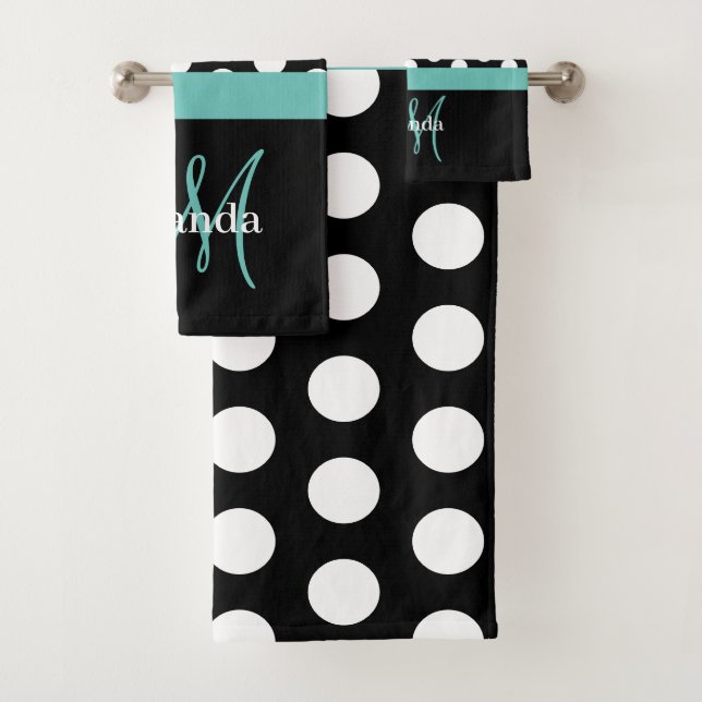Teal Green Monogram Black White Polka Dot Bath Towel Set (Insitu)