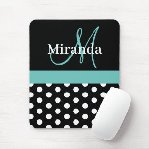 Teal Green Monogram Black White Polka Dot Mouse Pad